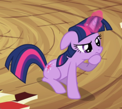Size: 935x836 | Tagged: safe, screencap, twilight sparkle, pony, unicorn, g4, secret of my excess, book, cropped, female, floppy ears, glowing horn, golden oaks library, hoof on chin, horn, mare, sitting, solo, thinking, unicorn twilight