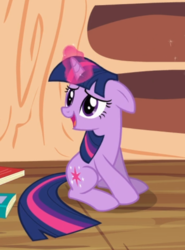 Size: 515x697 | Tagged: safe, screencap, twilight sparkle, pony, unicorn, g4, secret of my excess, book, cropped, female, floppy ears, glowing horn, golden oaks library, horn, open mouth, sitting, smiling, solo, unicorn twilight