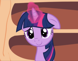 Size: 1202x939 | Tagged: safe, screencap, twilight sparkle, pony, unicorn, g4, secret of my excess, cropped, cute, female, floppy ears, glowing horn, golden oaks library, horn, one ear down, smiling, solo, twiabetes, unicorn twilight