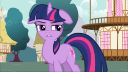 Size: 1668x939 | Tagged: safe, screencap, twilight sparkle, pony, unicorn, g4, secret of my excess, cropped, displeased, female, floppy ears, mare, narrowed eyes, ponyville, solo, town hall, twilight sparkle is not amused, unamused, unicorn twilight