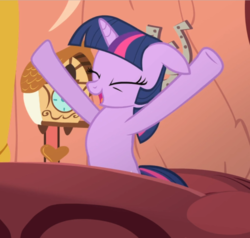 Size: 857x816 | Tagged: safe, screencap, twilight sparkle, pony, unicorn, g4, secret of my excess, bed, cropped, eyes closed, female, floppy ears, golden oaks library, morning ponies, open mouth, smiling, solo, stretching, unicorn twilight, waking up