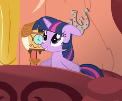 Size: 1044x865 | Tagged: safe, screencap, twilight sparkle, pony, unicorn, g4, secret of my excess, bed, cropped, cute, female, floppy ears, golden oaks library, morning ponies, smiling, solo, twiabetes, unicorn twilight, waking up