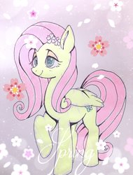 Size: 1554x2048 | Tagged: safe, artist:hosikawa, fluttershy, pegasus, pony, g4, cute, female, flower, flower in hair, mare, raised hoof, shyabetes, smiling, solo