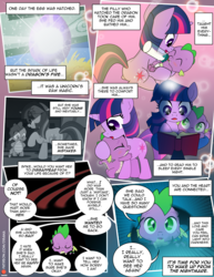 Size: 1275x1650 | Tagged: safe, artist:dsana, spike, twilight sparkle, dragon, pony, unicorn, comic:the shadow shard, g4, baby, baby bottle, baby dragon, book, comic, crying, dialogue, egg, female, filly, filly twilight sparkle, flashback, magic, male, mama twilight, milk, offscreen character, reading, scolding, spike's egg, unicorn twilight, younger
