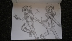 Size: 3264x1836 | Tagged: safe, artist:lacie-buncat, fluttershy, rainbow dash, human, equestria girls, g4, caught, clothes, converse, dragging, flashlight (object), monochrome, running, running in place, scared, shoes, skirt, skirt pull, socks, traditional art