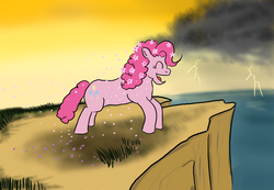 Size: 1300x900 | Tagged: safe, artist:horsesplease, pinkie pie, dryad, original species, plant pony, pony, g4, cherry blossoms, cliff, flower, flower blossom, flower in hair, happy, laughing, ocean, paint tool sai, plant, sakura pie, smiling, storm
