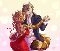 Size: 1980x1680 | Tagged: safe, artist:spottedtigeress, oc, oc only, oc:jasmine marmalade, oc:patch note, abyssinian, earth pony, anthro, abyssinian oc, clothes, couple, dancing, dress, female, formal wear, love, male, pony x abyssinian, ranchtown, straight