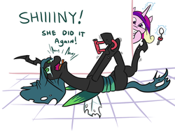 Size: 799x601 | Tagged: safe, artist:jargon scott, princess cadance, queen chrysalis, alicorn, changeling, changeling queen, pony, g4, abuse, adorable distress, bike lock, bondage, cheeselegs, chrysabuse, chrysub, crying, cute, cutealis, cutedance, dialogue, discussion in the comments, eyeshadow, female, frown, funny, glowing horn, grin, hoofy-kicks, horn, implied shining armor, key, legs in air, levitation, lidded eyes, lock, locked, magic, makeup, male, mare, mean, on back, open mouth, peeking, polyamory, pure unfiltered evil, ship:chrysarmordance, shipping, silly, silly changeling, smiling, straight, stuck, teary eyes, telekinesis, tongue out, trolldance, unsexy bondage, wall of tags, wat