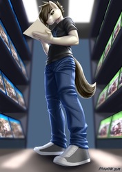Size: 2894x4093 | Tagged: safe, artist:pakwan008, oc, oc only, oc:patch note, anthro, plantigrade anthro, clothes, cobalt blue games, game store, low angle, neptune 6 games, ranchtown, star video, store, taking notes, uniform, working