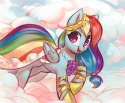 Size: 3202x2644 | Tagged: safe, artist:mirroredsea, rainbow dash, pegasus, pony, season 1, the best night ever, clothes, cloud, commission, commissioner:ajnrules, cute, dashabetes, dress, female, food, gala dress, grapes, jewelry, laurel wreath, looking at you, mare, necklace, open mouth, rainbow dash always dresses in style, sky, smiling, solo, standing on a cloud
