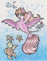 Size: 5100x6600 | Tagged: safe, artist:fascismnotincluded, oc, oc only, seapony (g4), whale, absurd resolution, female, oarfish, sea turtle, solo, traditional art