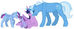 Size: 991x390 | Tagged: safe, artist:missxxfofa123, trixie, twilight sparkle, oc, oc:comet spark, oc:comet sparks, oc:star galaxy, alicorn, pegasus, pony, unicorn, g4, eye contact, family, female, foal, looking at each other, male, mare, offspring, parent:trixie, parent:twilight sparkle, parents:twixie, rule 63, ship:twixie, shipping, siblings, stallion, straight, tristan, twilight sparkle (alicorn)