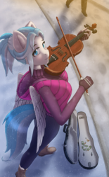 Size: 3100x5000 | Tagged: safe, artist:mintjuice, oc, oc only, oc:lesa castle, pegasus, anthro, anthro oc, busking, case, clothes, female, looking at you, mare, musical instrument, musician, outdoors, snow, snowfall, street, violin, winter, ych result
