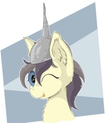 Size: 4986x5473 | Tagged: safe, artist:waffletheheadmare, oc, oc only, oc:morning melody, bat pony, pony, absurd resolution, aluminum, aluminum foil, blue eyes, bust, female, hat, mare, multi-colored mane, multi-colored-hair, one eye closed, portrait, simple background, smiling, tinfoil, tinfoil hat, tongue out