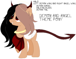 Size: 504x394 | Tagged: safe, artist:cosmic-wonders, artist:selenaede, oc, oc only, oc:alice moon, angel, angel pony, demon, demon pony, hybrid, original species, pony, base used, bat wings, black sclera, colored sclera, devil horns, female, halo, horns, hybrid wings, jewelry, mare, necklace, raised hoof, simple background, solo, transparent background, wings