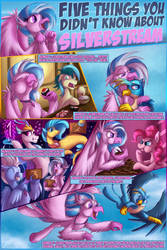 Size: 1339x2000 | Tagged: safe, artist:jamescorck, gallus, pinkie pie, princess skystar, queen novo, sandbar, silverstream, sky beak, earth pony, griffon, hippogriff, pony, series:five things you didn't know, g4, my little pony: the movie, cousins, eating, female, flying, food, hug, male, ship:gallstream, shipping, straight, sushi