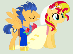 Size: 647x480 | Tagged: safe, artist:cheerful9, flash sentry, sunset shimmer, pony, unicorn, g4, clothes, dress, female, male, ship:flashimmer, shipping, straight, wedding dress