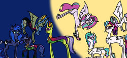 Size: 1280x587 | Tagged: safe, artist:hiddennextgens, princess celestia, princess luna, queen novo, thorax, changedling, changeling, hybrid, g4, family, female, interspecies, interspecies offspring, king thorax, lesbian, magical lesbian spawn, male, novolestia, offspring, parent:princess celestia, parent:queen novo, parents:novolestia, parents:thuna, ship:thuna, shipping, straight