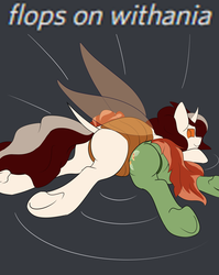 Size: 4724x5929 | Tagged: safe, artist:rubiont, derpibooru exclusive, oc, oc only, oc:biepbot, oc:withania nightshade, earth pony, plant pony, pony, wasp, waspling, absurd resolution, butt, female, flop, glowing eyes, lying down, male, mare, plot, shipping, stallion, stinger