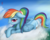 Size: 5000x4021 | Tagged: safe, artist:celsian, rainbow dash, pegasus, pony, g4, absurd resolution, alternate hairstyle, cloud, female, floppy ears, folded wings, lidded eyes, looking at you, mare, open mouth, ponytail, prone, signature, solo