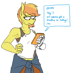 Size: 520x510 | Tagged: safe, artist:redxbacon, oc, oc only, oc:short circuit, earth pony, anthro, amputee, anthro oc, armpits, cellphone, clothes, female, mare, phone, prosthetic limb, prosthetics, solo