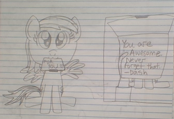 Size: 668x458 | Tagged: safe, artist:nightshadowmlp, rainbow dash, human, pegasus, pony, g4, :3, cute, dashabetes, female, filly, filly rainbow dash, hand, lined paper, mouth hold, paper, positive ponies, text, traditional art, younger