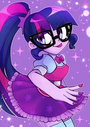 Size: 990x1400 | Tagged: safe, artist:techycutie, sci-twi, twilight sparkle, human, equestria girls, g4, clothes, cute, female, glasses, long socks, miniskirt, nail polish, ponytail, skirt, socks, solo, sparkles, thigh highs, thigh socks, tongue out, twiabetes
