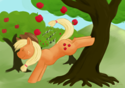 Size: 2480x1754 | Tagged: safe, artist:n4, applejack, earth pony, pony, g4, apple, apple tree, art trade, blurry background, bucking, falling, food, hat, hill, shading practice, tree