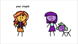 Size: 1334x750 | Tagged: safe, artist:round trip, spike, sunset shimmer, twilight sparkle, dog, round trip's mlp equestria girls in a nutshell, equestria girls, g4, insult, misspelling of you're, spike the dog, your stupid