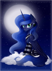 Size: 2665x3656 | Tagged: safe, artist:victoria-luna, princess luna, alicorn, pony, g4, 2018, clothes, cloud, female, full moon, hearth's warming eve, high res, looking at you, mare, moon, night, sitting, smiling, socks, solo, stars, striped socks