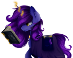 Size: 2165x1741 | Tagged: safe, artist:victoria-luna, oc, oc only, pony, unicorn, book, chest fluff, cloak, clothes, female, horn, levitation, long horn, magic, mare, quill, raised hoof, saddle bag, simple background, solo, telekinesis, transparent background, walking