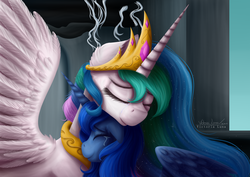 Size: 4960x3507 | Tagged: safe, artist:victoria-luna, princess celestia, princess luna, alicorn, pony, friendship is magic, g4, castle of the royal pony sisters, crying, cute, cutelestia, ear fluff, ethereal mane, eyes closed, female, floppy ears, horn, jewelry, long horn, lunabetes, mare, neck hug, nuzzling, peytral, redraw, royal sisters, s1 luna, scene interpretation, smiling, sparkles, spread wings, starry mane, tears of joy, tiara, wing fluff, wings, young luna