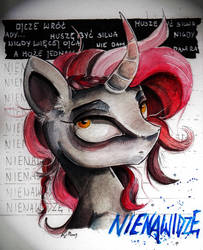 Size: 1024x1262 | Tagged: safe, artist:lailyren, oc, oc only, oc:obsidian, pony, fanfic:kruchość obsydianu, braid, bust, colored horn, curved horn, dark magic, dark mind, doubt, fanfic, fanfic art, fanfic cover, female, hate, horn, magic, mare, parent:king sombra, polish, portrait, sombra horn, traditional art, watercolor painting