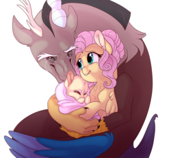 Size: 2700x2500 | Tagged: safe, artist:gigason, discord, fluttershy, oc, draconequus, hybrid, pegasus, pony, g4, baby, crying, female, high res, interspecies offspring, male, mare, offspring, parent:discord, parent:fluttershy, parents:discoshy, ship:discoshy, shipping, smiling, straight, tears of joy