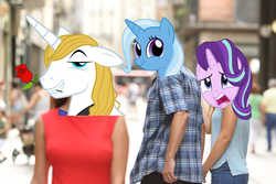 Size: 2500x1667 | Tagged: safe, prince blueblood, starlight glimmer, trixie, pony, g4, distracted boyfriend meme, faic, female, lesbian, male, meme, ship:bluetrix, ship:startrix, shipping, smirk, straight, trixface, twiface