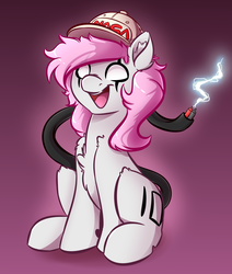 Size: 3300x3900 | Tagged: safe, artist:witchtaunter, oc, oc only, oc:rokii, earth pony, pony, cap, commission, electricity, happy, hat, high res, open mouth, sitting, wires