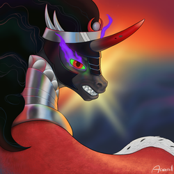 Size: 2500x2500 | Tagged: safe, artist:arareroll, king sombra, pony, unicorn, g4, high res, looking at you, looking back, looking back at you, male, profile, solo, teeth