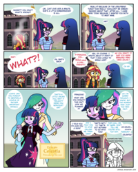 Size: 838x1046 | Tagged: safe, artist:crydius, princess celestia, sci-twi, sunset shimmer, twilight sparkle, alicorn, comic:meet the princesses, equestria girls, equestria girls series, affection, blushing, bow, bowtie, building, canterlot high, clothes, comic, cutie mark, cutie mark on clothes, day, dialogue, dress, elements of harmony, emblem, error, error message, ethereal hair, exclamation point, fail, fear, female, freakout, glasses, grass, grass field, hairpin, happy, holding, jacket, jewelry, leather, leather jacket, leather vest, lesbian, lights, mental blue screen of death, mountain, necklace, necktie, nervous, open mouth, outdoors, panic, plot twist, ponytail, portal, princess of friendship, princess of the sun, principal twilight, question mark, ribbon, royalty, school of friendship, scitwishimmer, self paradox, self ponidox, shield, shipping, shirt, shocked, skirt, sky, smiling, speech bubble, student, sunsetsparkle, sweat, sweating profusely, symbol, t-shirt, talking, teacher, teacher and student, teeth, text, tree, trollestia, trollestia in training, twilestia, twilight sparkle (alicorn), twolight, wall of tags, what a twist, window, x.exe stopped working, yelling