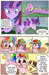 Size: 1800x2740 | Tagged: safe, artist:candyclumsy, spike, twilight sparkle, oc, oc:candy clumsy, oc:tommy the human, alicorn, candy pony, dragon, pegasus, pony, comic:twilight's kronenberg, g4, carrying, comic, commissioner:bigonionbean, dialogue, dragoness, dragonified, female, good end, mouth hold, passed out, pencil, pony to dragon, species swap, tickling, transformation, twilidragon, twilight sparkle (alicorn), underreaction, writer:bigonionbean
