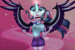 Size: 1800x1200 | Tagged: safe, artist:marsholiver, sci-twi, twilight sparkle, equestria girls, g4, my little pony equestria girls: legend of everfree, 2018, camp everfree outfits, clothes, female, glowing eyes, midnight sparkle, no more ponies at source, open mouth, possessed, scene interpretation, screaming, shorts, solo, wings