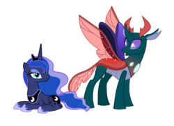 Size: 1185x865 | Tagged: safe, edit, editor:proto29, pharynx, princess luna, alicorn, changedling, changeling, pony, g4, crack shipping, ethereal mane, female, hoof shoes, insect wings, looking at each other, lunarynx, male, prince pharynx, shipping, stallion, starry mane, straight
