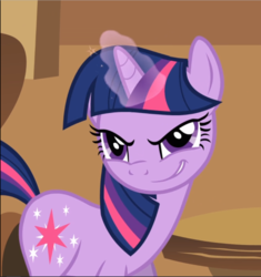 Size: 884x940 | Tagged: safe, screencap, twilight sparkle, pony, unicorn, a bird in the hoof, g4, cropped, evil grin, female, glowing horn, grin, horn, magic, narrowed eyes, smiling, solo, unicorn twilight