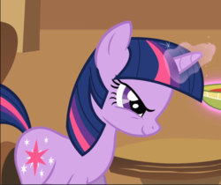 Size: 1115x938 | Tagged: safe, screencap, twilight sparkle, pony, unicorn, a bird in the hoof, g4, cropped, evil smile, female, glowing horn, grin, horn, smiling, solo, unicorn twilight