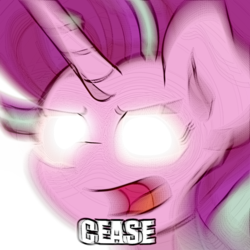 Size: 1280x1281 | Tagged: safe, artist:ljdamz1119, starlight glimmer, pony, unicorn, g4, angry, blurry, bust, caption, deep fried meme, female, frown, glare, glowing eyes, glowing eyes meme, mare, meme, open mouth, reaction image, simple background, text, transparent background, wat, yelling