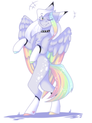 Size: 768x1024 | Tagged: safe, artist:akiiichaos, oc, oc only, oc:cupid, pegasus, pony, bipedal, choker, colored wings, male, multicolored wings, one eye closed, solo, spiked choker, stallion, wink