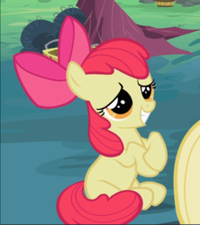 Size: 676x761 | Tagged: safe, screencap, apple bloom, earth pony, pony, family appreciation day, g4, my little pony: friendship is magic, cropped, female, filly, hooves together, hopeful, offscreen character, sitting, smiling, solo focus