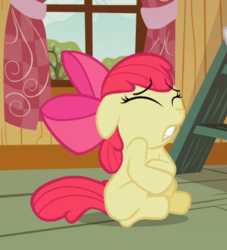 Size: 713x785 | Tagged: safe, screencap, apple bloom, earth pony, pony, family appreciation day, g4, my little pony: friendship is magic, season 2, bow, cropped, eyes closed, female, fetal position, filly, floppy ears, foal, hair bow, sick, sitting, solo