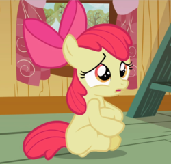 Size: 979x938 | Tagged: safe, screencap, apple bloom, earth pony, pony, family appreciation day, g4, bow, cropped, female, fetal position, filly, hair bow, open mouth, sitting, solo, worried
