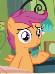 Size: 557x749 | Tagged: safe, screencap, scootaloo, pegasus, pony, family appreciation day, g4, bipedal, cropped, female, filly, smiling, solo, underhoof