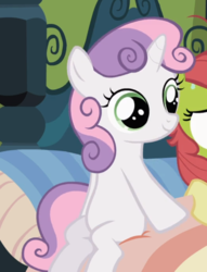 Size: 681x893 | Tagged: safe, screencap, apple bloom, sweetie belle, earth pony, pony, unicorn, family appreciation day, g4, bed, cropped, female, filly, offscreen character, sitting, smiling, solo focus